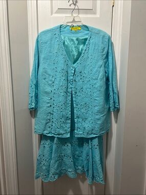 Turquoise Eyelet Linen Skirt Set - Unknown Brand